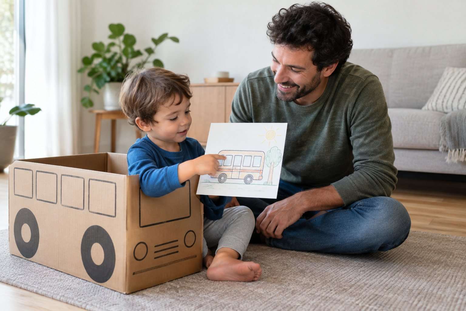 Padre e hijo inventan un viaje junto a una caja decorada como autobús.